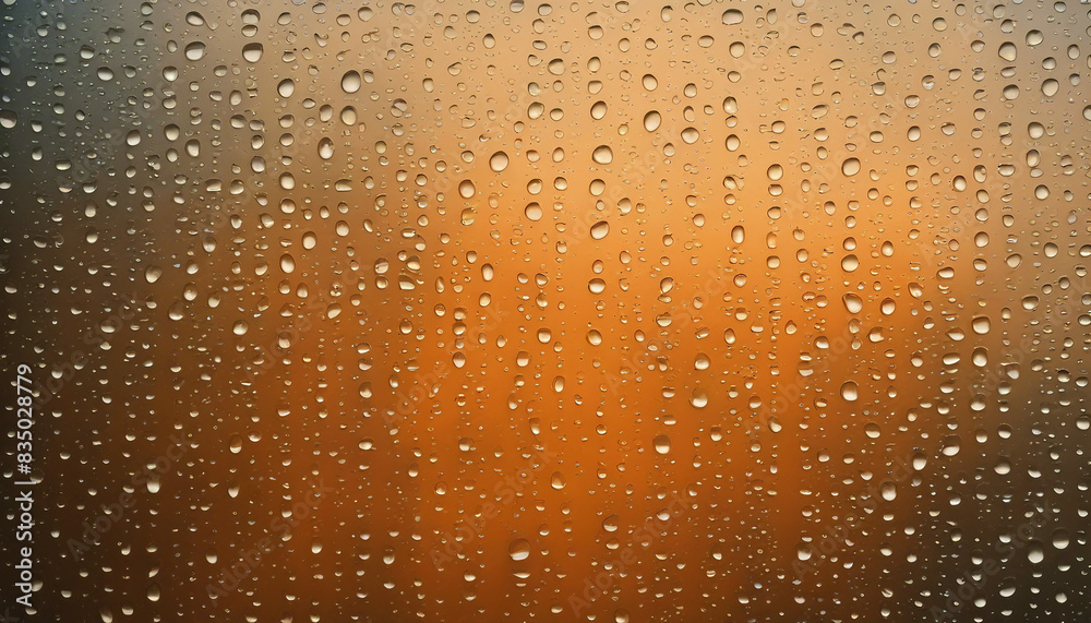 Wet window orange background, water drops on glass, rainy weather, copy space Wet window orange background, water drops on glass, rainy weather, copy space