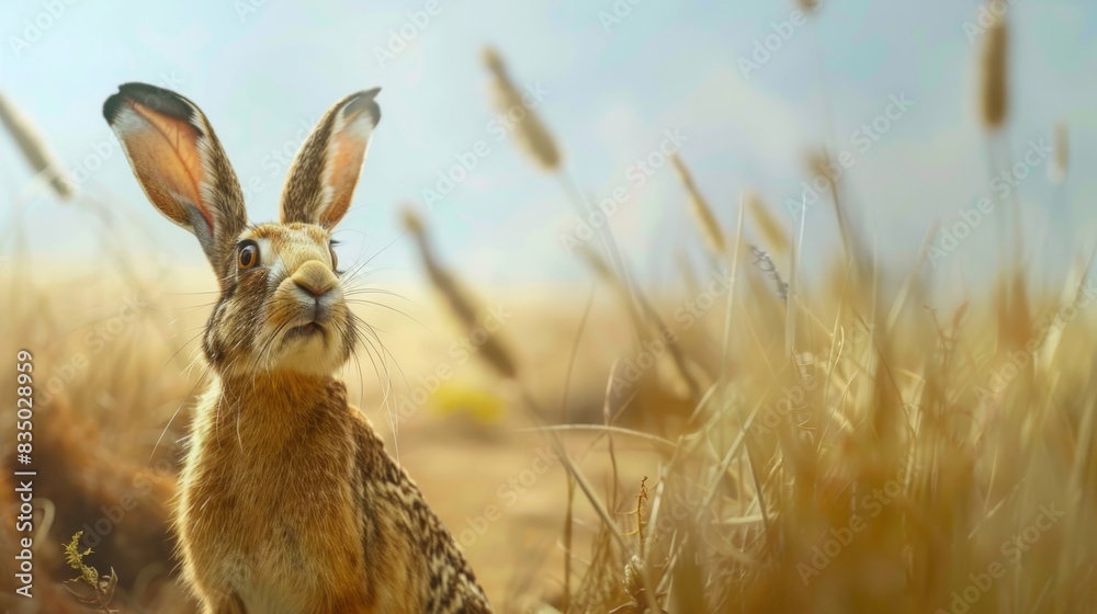 A desert hare with long ears stands in a field of tall grass A desert hare with long ears stands in a field of tall grass