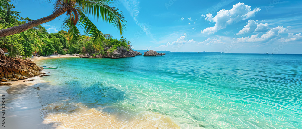 Fototapeta premium A tranquil beach with palm trees and clear blue water