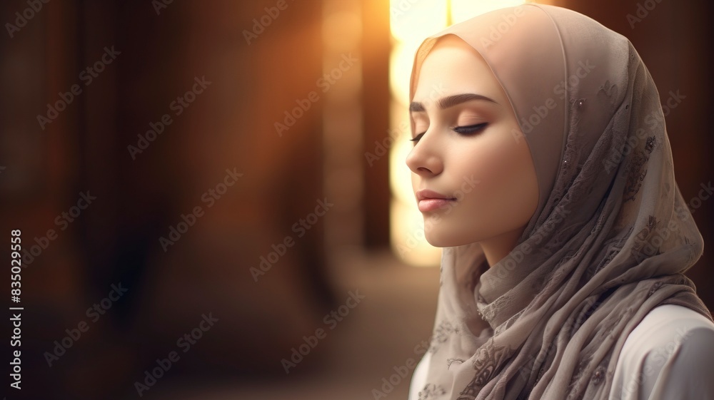 Young muslim woman prayer with hijab pray to God on blur mosque background concept for eid mubarak, life and soul fasting of international islamic ramadan sunlight, copy space, generative ai