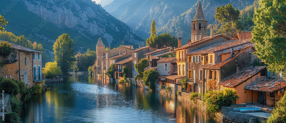 Fototapeta premium A picturesque village with a river running through it