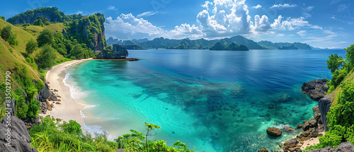 A panoramic view of a tropical island with white sandy beaches