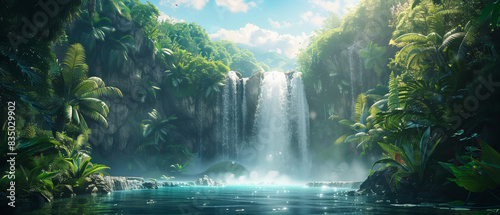 A majestic waterfall in a tropical rainforest