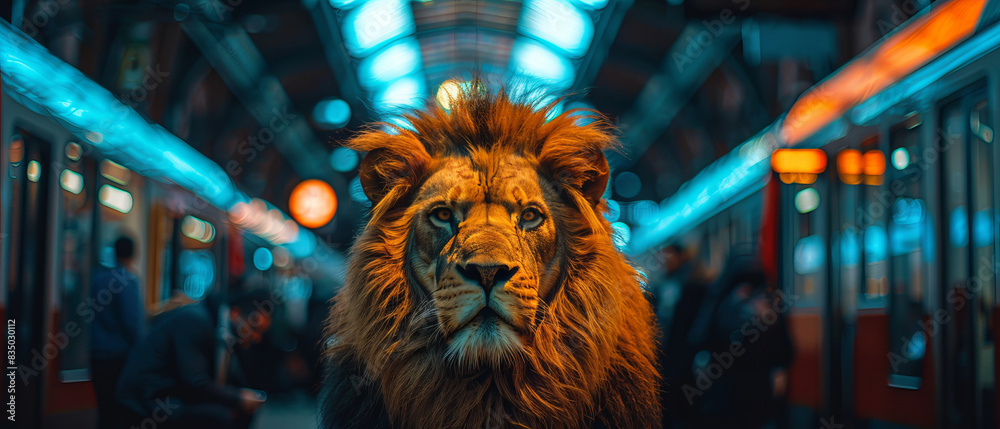 A lion standing guard outside a bustling train station A lion standing guard outside a bustling train station