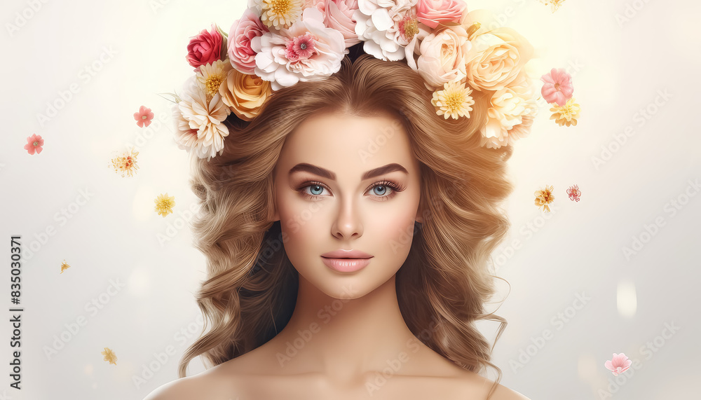 A woman with long blonde hair is wearing a flower crown