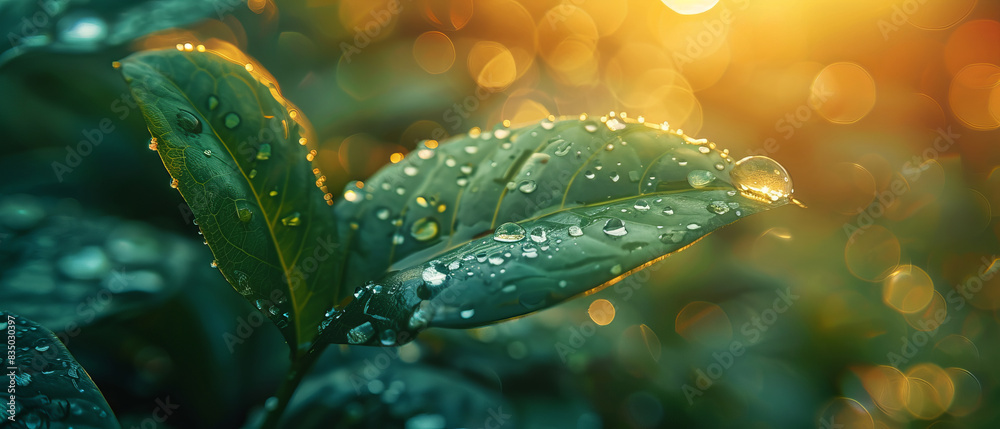 A closeup of a dewdrop on a leaf in the morning light A closeup of a dewdrop on a leaf in the morning light