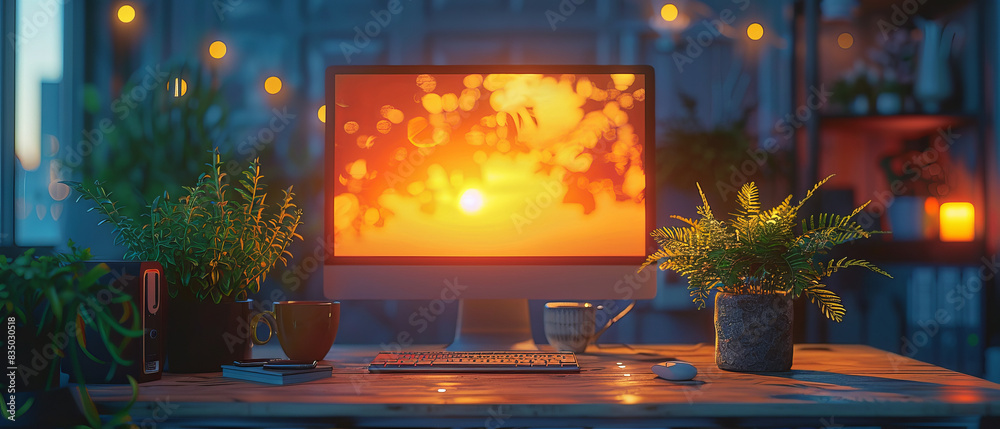 Workspace in a container office with a tiny fern beside a monitor at sunset Workspace in a container office with a tiny fern beside a monitor at sunset