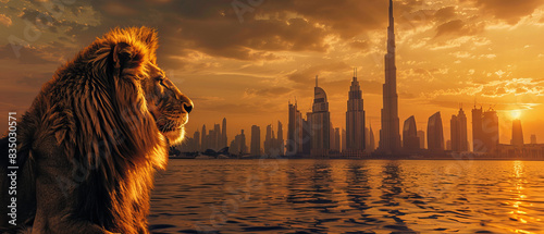The powerful stance of a lion framed by the modern skyline photo