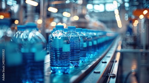 Blue-toned factory interior  juice bottles on a conveyor belt  modern beverage plant  industrial production line in operation