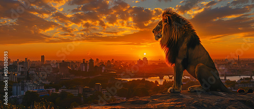 The majestic lions silhouette framed by the city s sunset photo
