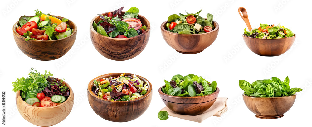 set of salads in a wooden bowl isolated on transparent background set of salads in a wooden bowl isolated on transparent background