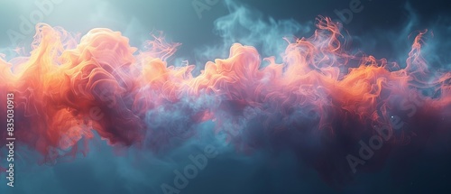 A long  colorful cloud of smoke with a blue sky in the background