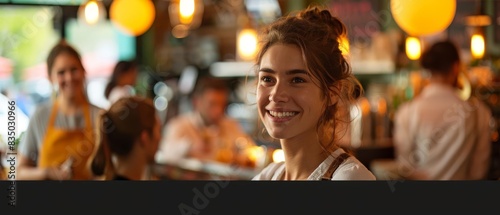 A waitress taking orders from a group of friends at a bustling cafe focus on engagement, casual dining theme, vibrant, composite, cafe backdrop