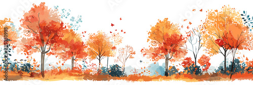 A vibrant autumn forest with trees in shades of red, orange, and yellow, with leaves falling gently. Flat vector illustration.