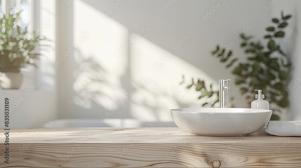 serene white bathroom interior with empty wooden table for product display blurred background soft natural lighting 3d rendering serene white bathroom interior with empty wooden table for product display blurred background soft natural lighting 3d rendering