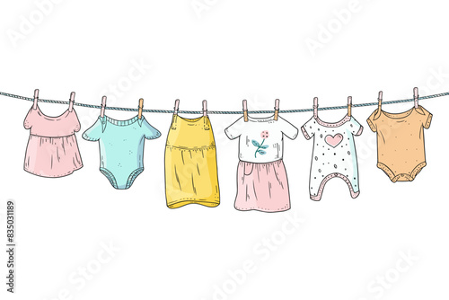 A variety of cute baby clothes, including onesies and dresses, hanging on a clothesline. Flat vector illustration.