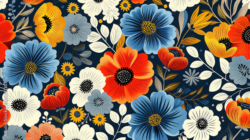 beautiful detailed colorful flowers seamless pattern, scandinavian art beautiful detailed colorful flowers seamless pattern, scandinavian art