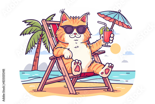 Illustration of a cat wearing sunglasses, relaxing on a beach chair with a drink and an umbrella, with a palm tree in the background. Flat vector illustration.