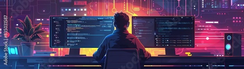 A web developer using version control software to manage code changes focus on organization, technology theme, realistic, multilayer, workstation backdrop