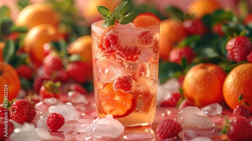 A close-up image highlighting a thirst-quenching summer drink with berries, citrus slices, and ice in warm light