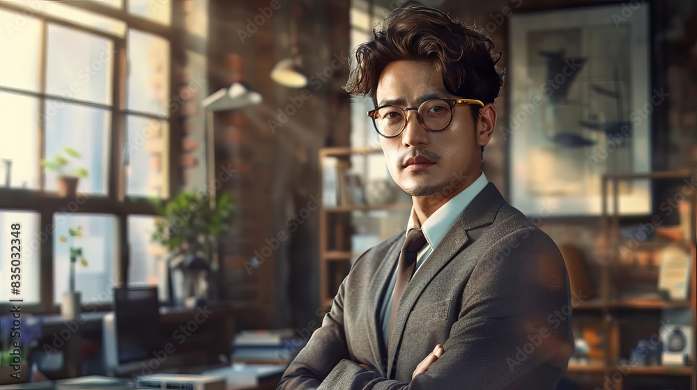 Fototapeta premium serious asian businessman wearing glasses and suit standing in modern office digital painting