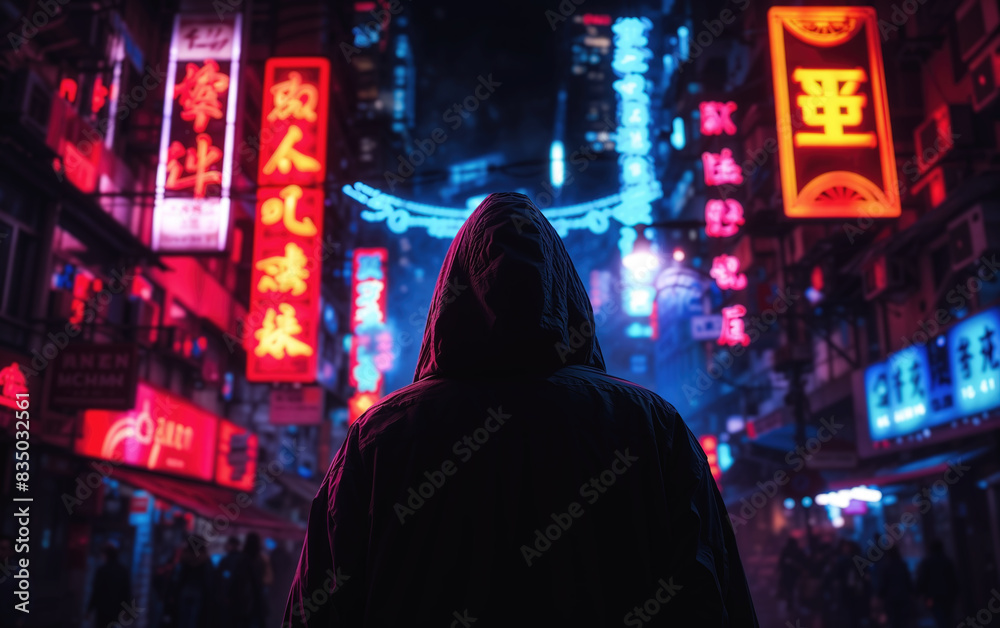 Fototapeta premium Hooded silhouette against a vibrant neon backdrop, evoking a sense of danger and intrigue