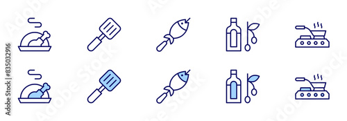 Cooking icons. Duotone style. Line style. Editable stroke. Vector illustration  cooker  cooking  turkey  fish  olive oil.
