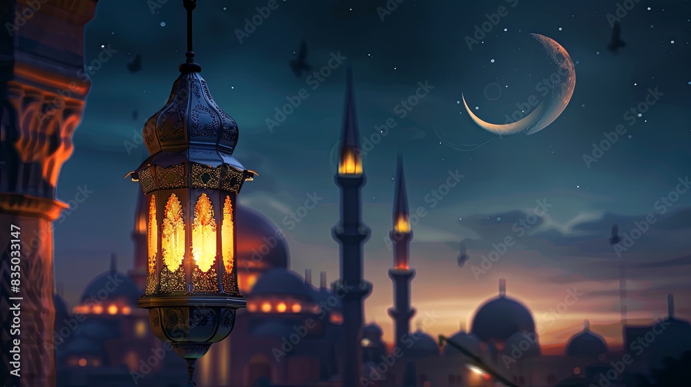 Enchanting Nighttime Lantern and Mosque Scene Enchanting Nighttime Lantern and Mosque Scene