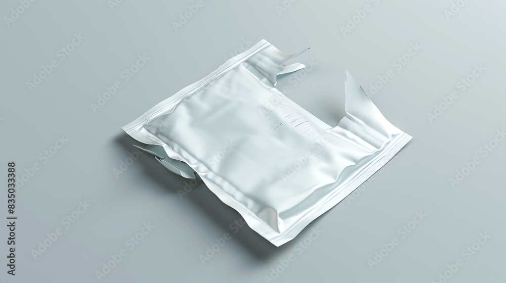 A 3D render of an alcohol prep pad packet torn open, with the pad visible A 3D render of an alcohol prep pad packet torn open, with the pad visible