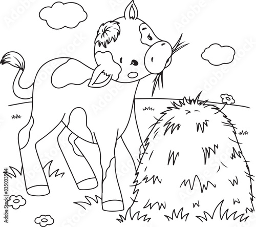 cute little calf with hay in cartoon style for coloring book, black otline vector illustration isolated on white background
