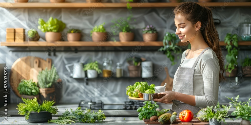 Young woman preparing a fresh salad with vegetables in a kitchen full of plants Young woman preparing a fresh salad with vegetables in a kitchen full of plants