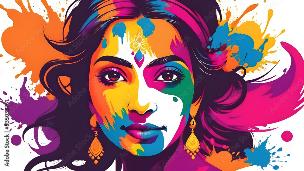Indian woman with colored paints in Holi Festival themed logo icon symbol on white background. Generative AI Indian woman with colored paints in Holi Festival themed logo icon symbol on white background. Generative AI
