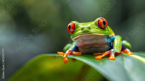 Colorful red-eyed tree frog perched on a green leaf