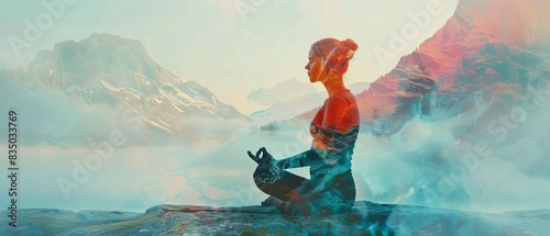 A yoga instructor practicing solo with mountains in the background close up, solitude theme, vibrant, double exposure, mountain backdrop photo