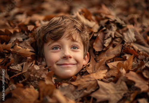 A young boy was playfully buried in an overflowing pile of autumn leaves  his face lit up with joy and laughter as he looked directly into the camera lens