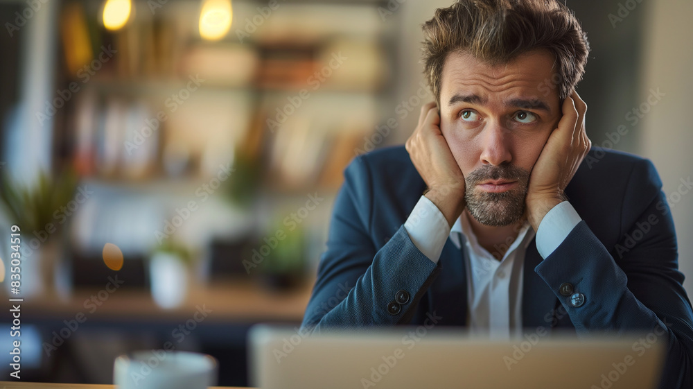 Fototapeta premium Stressed and sad Businessman thinking in Office - Concept of Work Stress and Corporate Pressure or Business loss. Generative AI