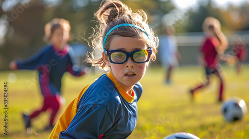 Young girl playing soccer wearing protective sports eyewear for eye safety on a sunny day, highlighting children's eye health during recreational activities