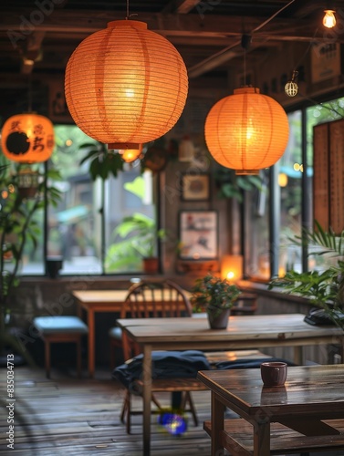 An atmospheric shot of lanterns hanging above a traditional tatami seating area in an izakaya. The minimalist background sets the scene for a cozy and authentic Japanese dining experience.