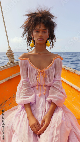 Woman  in pink dress with yellow earrings sitting on a boat. Summer relax concept.