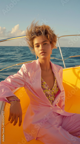 Fashionable woman in pink suit on a boat. Sunny day. Fashion summer concept.