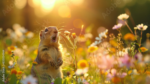Cute ground squirrel in colorful meadow at sunset photo