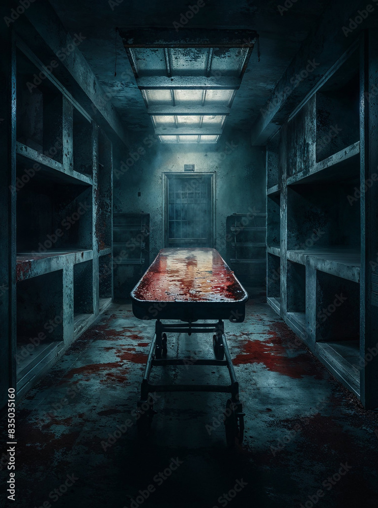 Eerie mortuary scene. Desolate haunted hospital morgue with blood ...