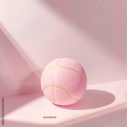 Pink golden basketball ball on a pink background with the text "Pure romance". Minimal creative sports and emotional concept.