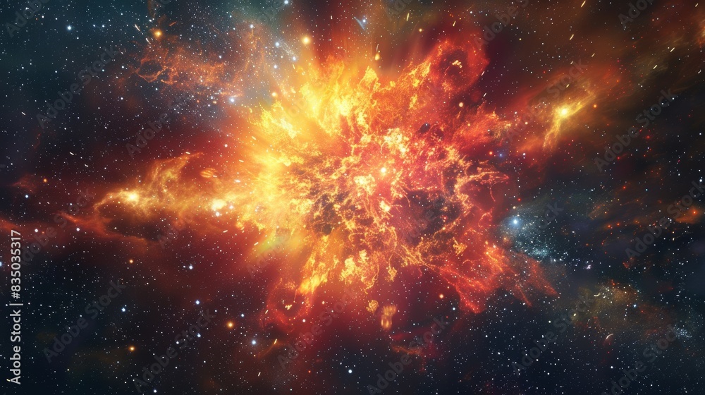 Naklejka premium An incredible supernova explosion against the backdrop of the Milky Way, vibrant hues of red, orange, and yellow spreading out, surrounding star clusters and nebulae highlighted by the explosion's