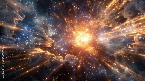 Wallpaper Mural The monumental moment of the Big Bang in space, an explosion of intense light and energy, primordial matter and particles radiating outward, vast cosmic background with nascent stars beginning to Torontodigital.ca