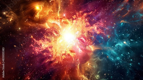 The Big Bang explosion in deep space, radiant light and energy bursting forth, particles and matter scattering into the void, the beginning of cosmic time, sense of awe and mystery, Photography,