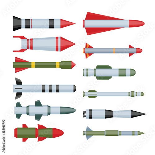 Set of Military ballistic missile set collection, modern weapon, Flying military missile, cruise missiles, ballistic missiles, and hypersonic rockets, Rocket fighting isolated on white background.