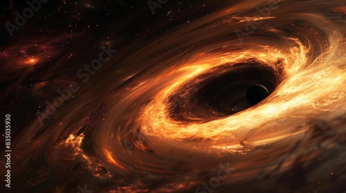 A captivating view of a black hole in space, a dark center surrounded by a swirling disk of hot, glowing gas and dust, stars and nebulae in the background being bent by its gravity, feeling of the