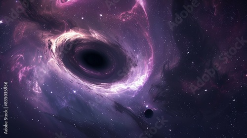 A captivating view of a black hole in space, a dark center surrounded by a swirling disk of hot, glowing gas and dust, stars and nebulae in the background being bent by its gravity, feeling of the