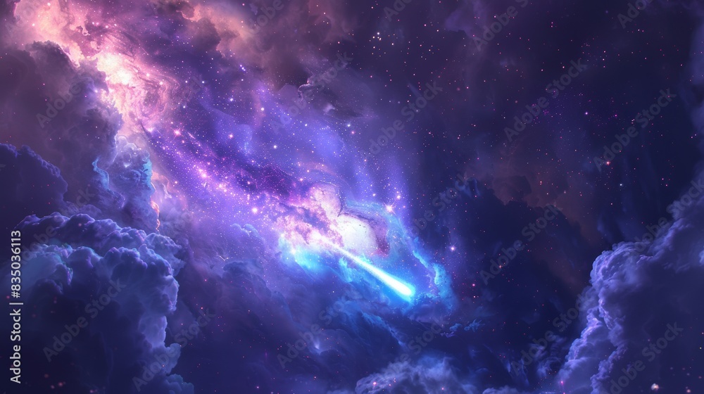 Fototapeta premium A dynamic digital painting of a meteor entering a nebula, vibrant gas clouds swirling around it, illuminated by nearby stars. The meteor is viewed from below, emphasizing its descent. Colors of the